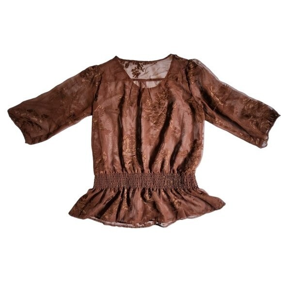Jennifer and Grace brown 3/4 sleeve sheer top sz M - Picture 2 of 11